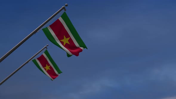 Suriname Flags In The Blue Sky - 4K