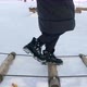 Closeup of Women Legs in Black Boots Walking on Wooden Bridge From Logs and Climbing on Swinging - VideoHive Item for Sale