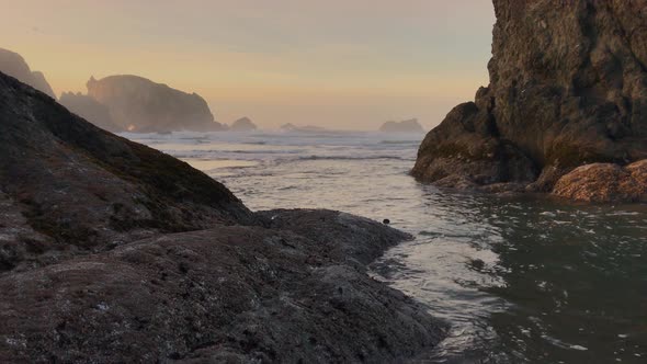 Little bird playing in the water during sunset at the Oregon Coast, in-between large sea stacks at t alt