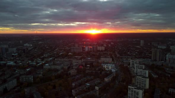 Kharkiv city center streets, aerial view at sunset