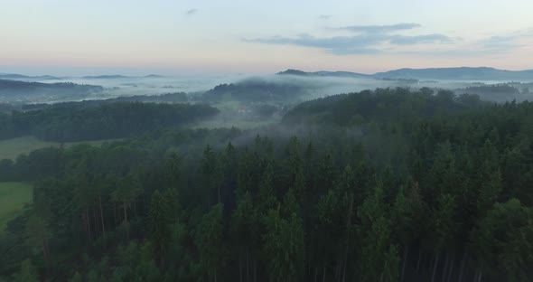 Aerial Over Forest In Fog On Sunrise 2