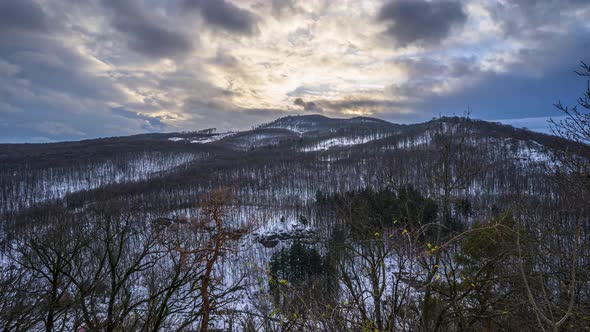 Snowy mountain hills in the Czech Republic. Time lapse alt