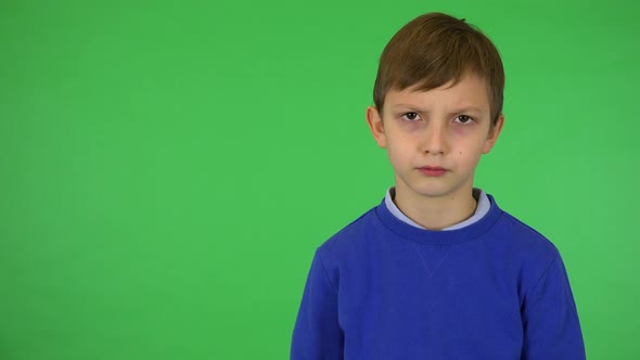 A Young Cute Boy Frowns and Shakes His Head at the Camera - Green Screen Studio