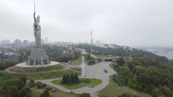 Symbol of Kyiv, Ukraine: Motherland Monument. Aerial View, Slow Motion. Kiev alt