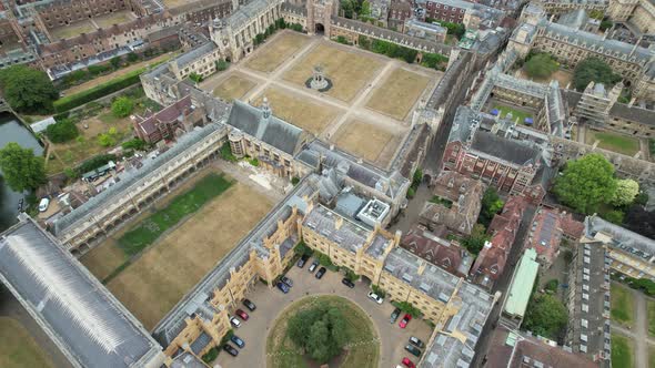 Trinity college overhead birds eye view Cambridge City  England drone 4K footage alt