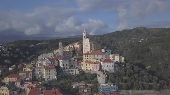 Cervo medieval town aerial view in Imperia, Liguria, Italy. Baroque church cathedral alt
