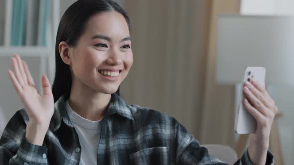 Happy Friendly Asian Girl Blogger Vlogger Smiling Female Distant Woman Mobile Phone Video Call alt