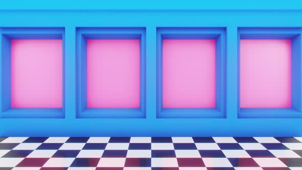 Blue Room With Black And White Checkered Floor 4K