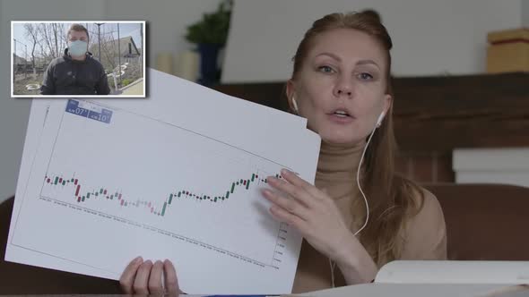 Serious Caucasian Blond Woman Showing Graphs As Man in Face Mask Agreeing with CEO in Online Chat alt