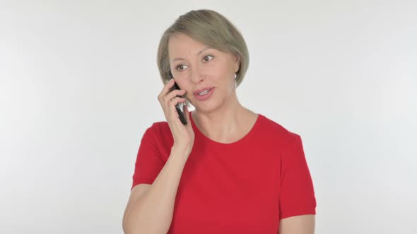 Old Woman Talking on Phone on White Background alt