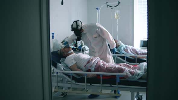 One Doctor Check Patients' Temperature in Ward During Coronavirus Pandemic. alt