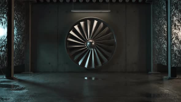 Industrial Hall With Moving Ventilation System Illuminated From Abstract Lights alt