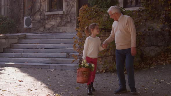 Grandfather having fun with his cute little granddaughter who holding basket full of flowers