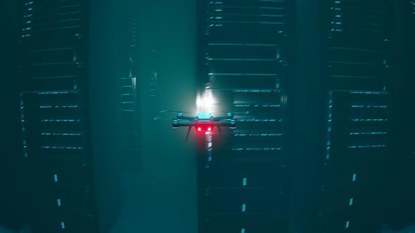Loopable animation with working drone scanning servers in a dark hall Render 4K alt