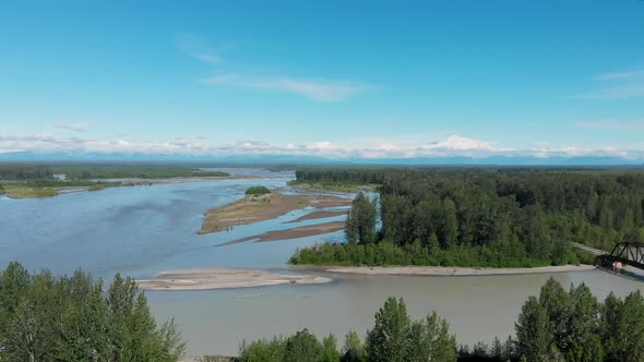 4K Drone Video of Susitna River with Denali Mountain in Distance on Alaska Summer Day alt