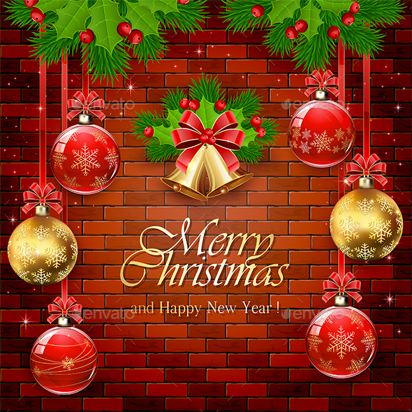Red and Golden Christmas Balls on a Brick Wall - Christmas Seasons/Holidays