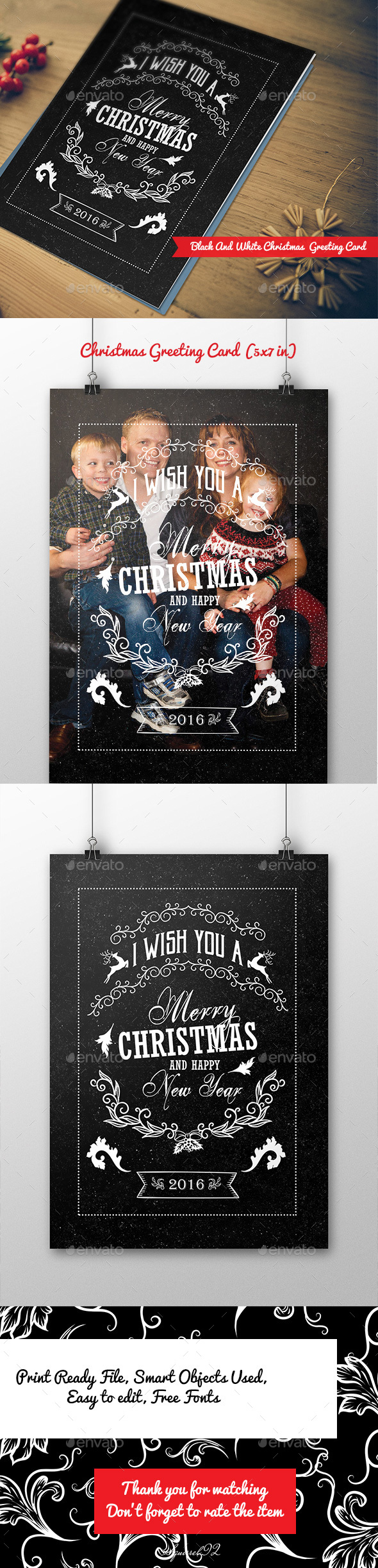 Black and White Christmas Greeting Card - Holiday Greeting Cards