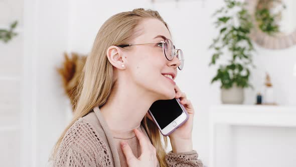 Portrait Emotional Happy Carefree Caucasian Millennial Woman Blonde Girl Wearing Glasses Speaks alt