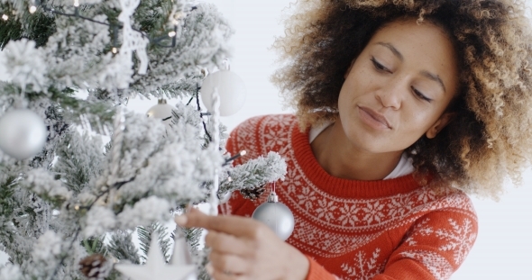 Attractive Woman Preparing The Tree For Christmas alt