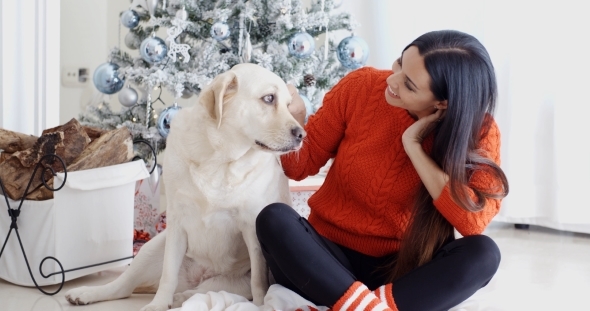 Young Woman And Her Dog Celebrating Christmas alt