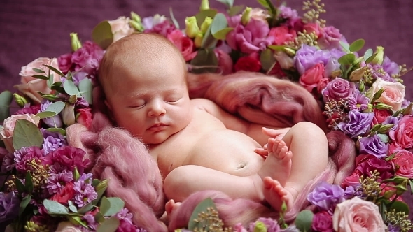 Cute Newborn Baby Girl Sleeping In Flowers 