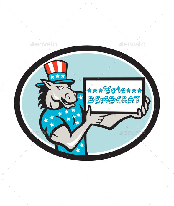 Vote Democrat Donkey Mascot Oval Cartoon - Animals Characters