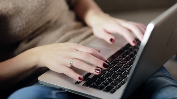 Woman Sitting In Sofa And Working On Laptop alt