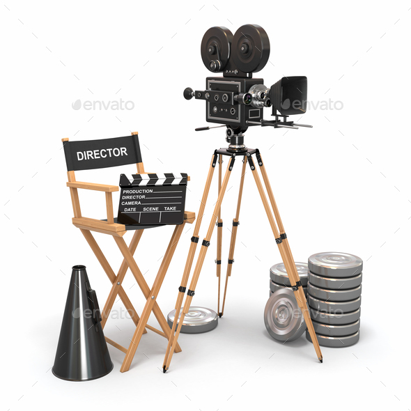 Movie composition. Vintage camera, director chair and reels. Stock