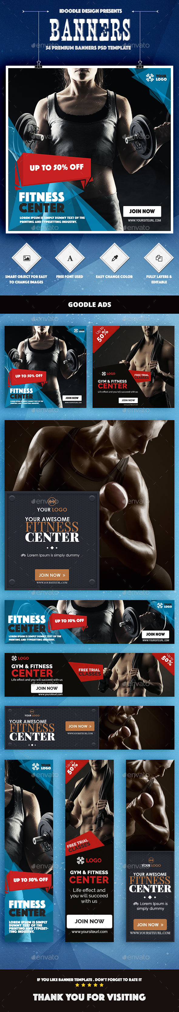 Bundle Fitness Banners Ad - 3 Sets - Banners & Ads Web Elements
