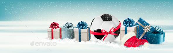 Holiday Banner with a Gift Boxes and Soccer Ball - Christmas Seasons/Holidays