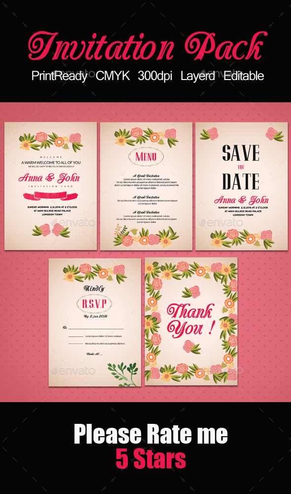 Pink Invitation Pack Templates - Cards & Invites Print Templates