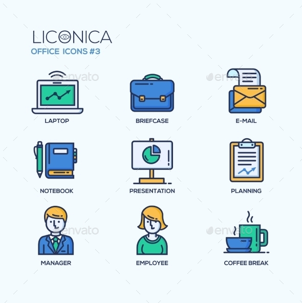 Set Of Modern Office Thin Line Flat Design Icons - Backgrounds Business