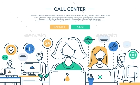Call Center Line Flat Design Illustration - Web Technology