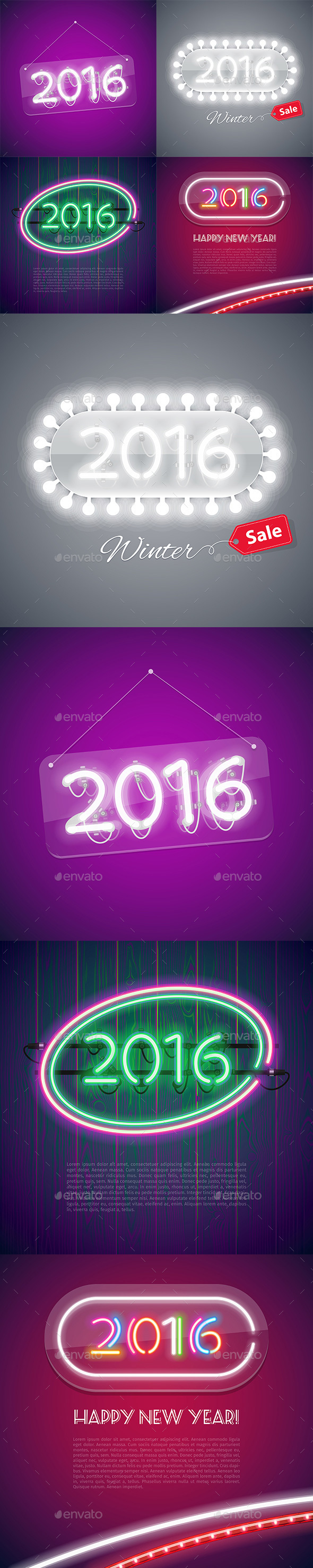 Four Colorful Neon Signs 2016 - New Year Seasons/Holidays