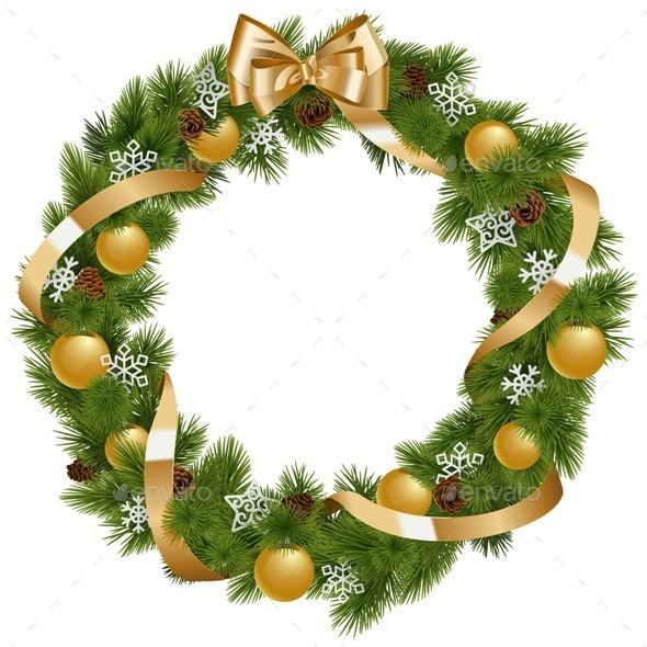 Christmas Wreath with Golden Decorations - Christmas Seasons/Holidays