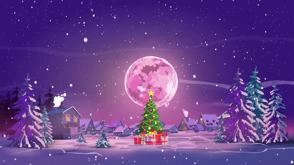 Magical Christmas Night with Bright Moon - Winter Landscape - Cartoon Animations