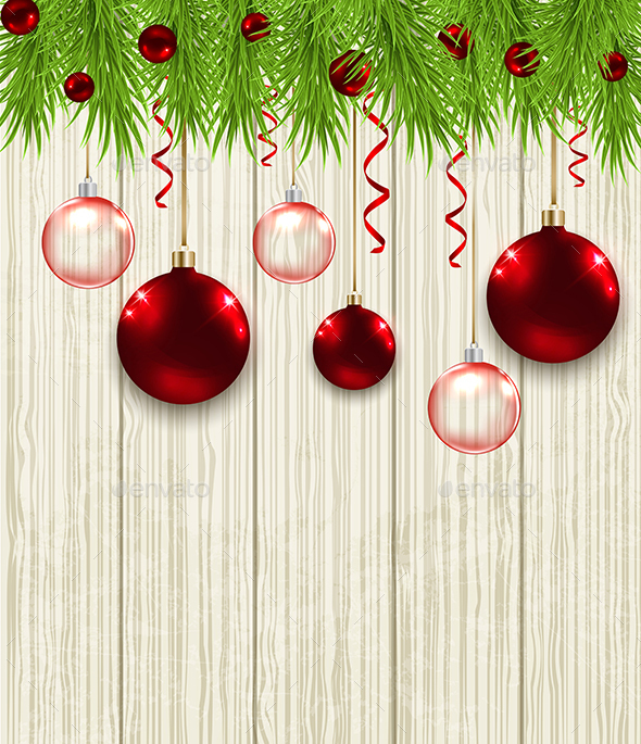 Green Fir Branches and Red Baubles - Christmas Seasons/Holidays