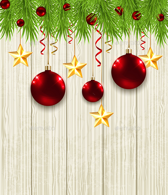 Fir Branches, Stars and Red Baubles - Christmas Seasons/Holidays