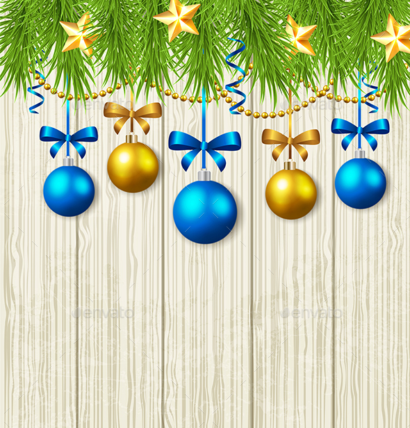 Fir Branches, Stars and Blue Baubles - Christmas Seasons/Holidays