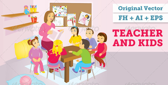 Teacher And Kids Vector Illustration - Miscellaneous Conceptual