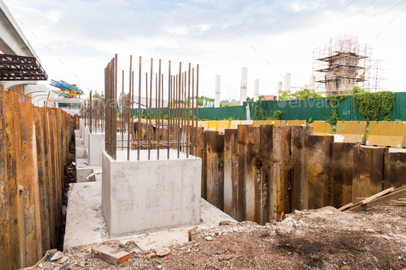Foundation pillar being constructed at construction site - Stock Photo - Images