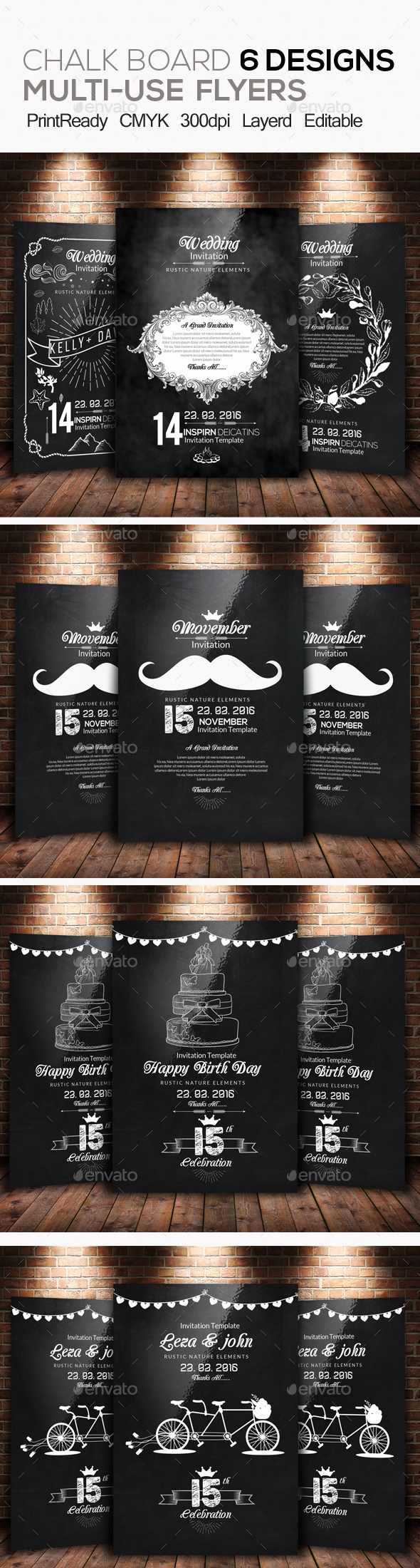 6 Chalk Board Invitation Bundle - Invitations Cards & Invites