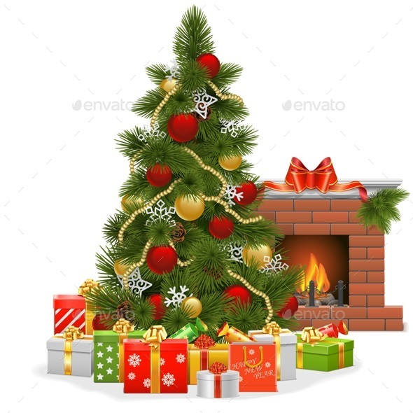 Vector Christmas Tree with Fireplace - Christmas Seasons/Holidays