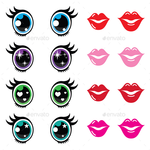 Kawaii Cute Eyes and Lips Icons Set - People Characters