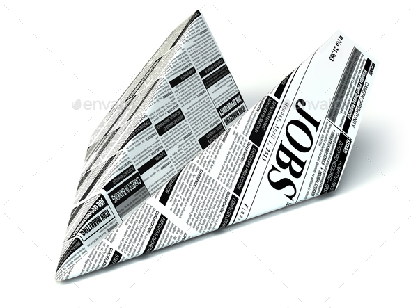 Job seeking concept. Newspaper as paper airplane.