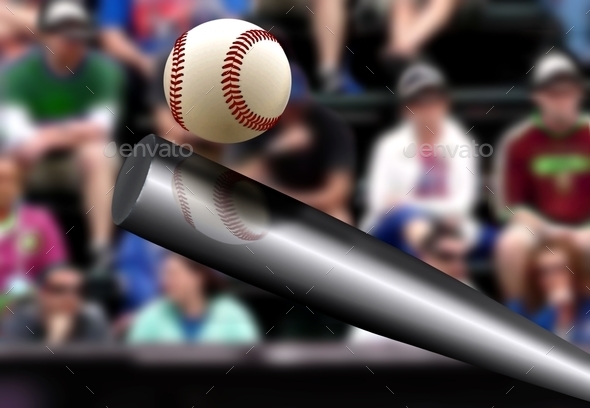 Baseball bat hitting ball with spectator background