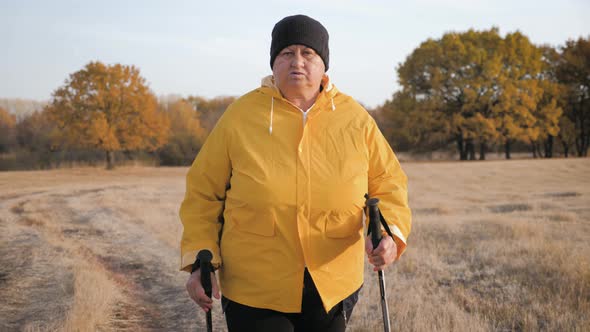 Senior Woman Making Nordic Walking in the Autumn Forest alt