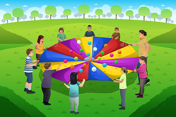 Teacher Student Playing Rainbow Parachute - People Characters