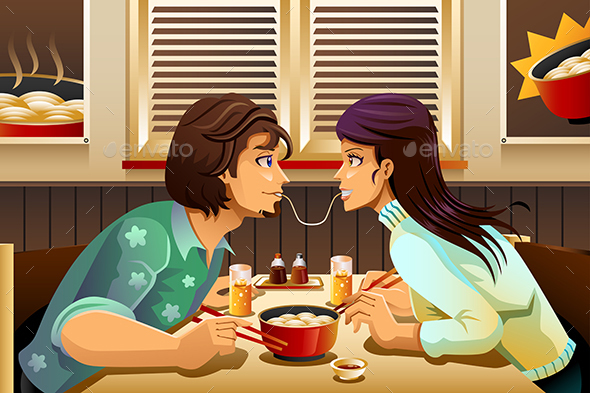 Couple Eating Noodle - People Characters