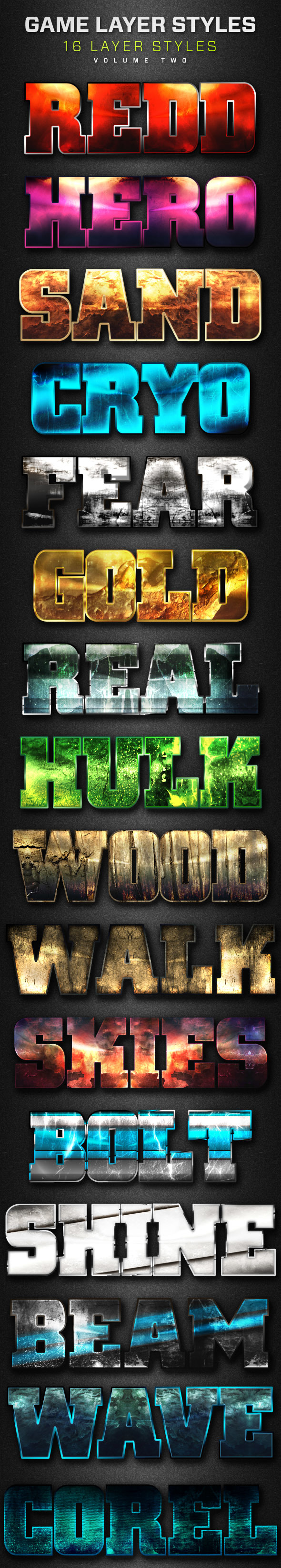 16 Game Layer Styles Volume 2 - Text Effects Styles